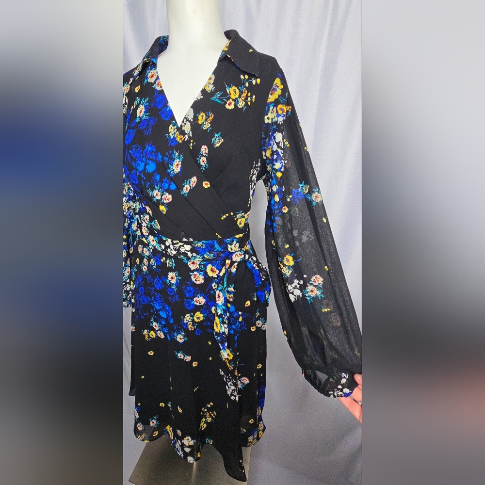 Dkny Black Floral Wrap Dress with Blue & Yellow Accents - Picture 7 of 14